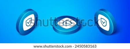 Isometric Shield icon isolated on blue background. Insurance concept. Guard sign. Security, safety, protection, privacy concept. Blue circle button. Vector