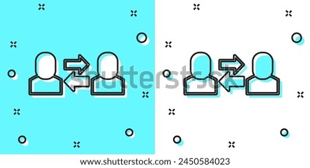 Black line Exchange work icon isolated on green and white background. Information exchange between people. Employee or people Replacement or swap position concept. Random dynamic shapes. Vector