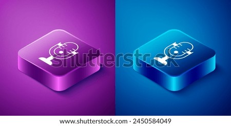 Isometric Microphone icon isolated on blue and purple background. On air radio mic microphone. Speaker sign. Square button. Vector