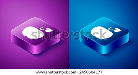 Isometric Apple icon isolated on blue and purple background. Excess weight. Healthy diet menu. Fitness diet apple. Square button. Vector