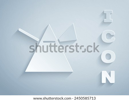 Paper cut Light rays in prism icon isolated on grey background. Ray rainbow spectrum dispersion optical effect in glass prism. Paper art style. Vector Illustration