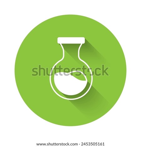 White Test tube and flask chemical laboratory test icon isolated with long shadow. Laboratory glassware sign. Green circle button. Vector