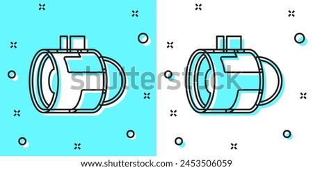 Black line Jet engine turbine icon isolated on green and white background. Plane turbine. Airplane equipment. Jet propeller. Aviation service. Motor running. Random dynamic shapes. Vector