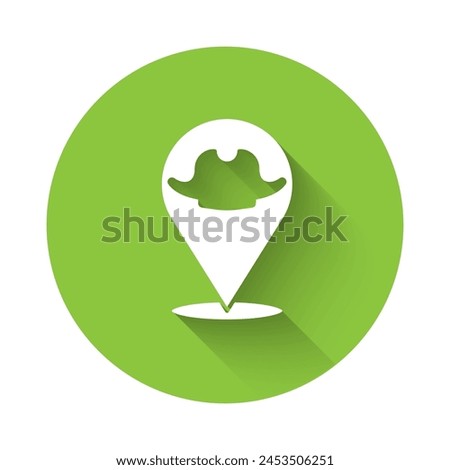 White Location pirate icon isolated with long shadow. Green circle button. Vector