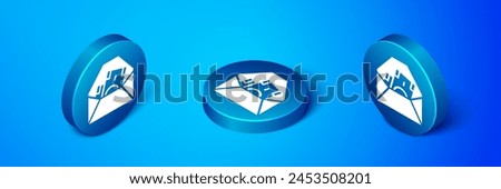 Isometric Envelope with coin dollar symbol icon isolated on blue background. Salary increase, money payroll, compensation income. Blue circle button. Vector