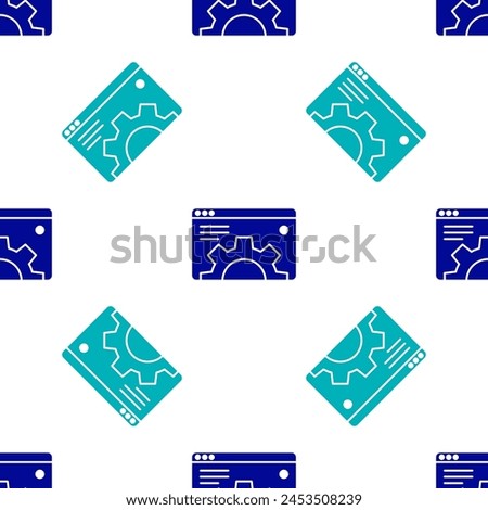 Blue Browser setting icon isolated seamless pattern on white background. Adjusting, service, maintenance, repair, fixing.  Vector