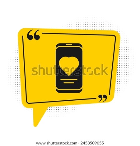 Black Smartphone with heart rate monitor function icon isolated on white background. Yellow speech bubble symbol. Vector