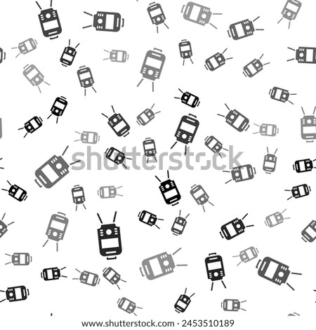 Black Tram and railway icon isolated seamless pattern on white background. Public transportation symbol.  Vector