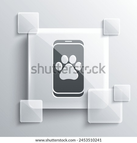 Grey Veterinary clinic symbol icon isolated on grey background. Cross hospital sign. A stylized paw print dog or cat. Pet First Aid sign. Square glass panels. Vector