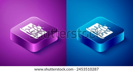 Isometric System bug on monitor icon isolated on blue and purple background. Code bug concept. Bug in the system. Bug searching. Square button. Vector
