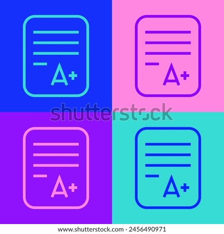 Pop art line Exam sheet with A plus grade icon isolated on color background. Test paper, exam, or survey concept. School test or exam.  Vector