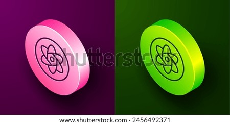 Isometric line Test tube and flask chemical laboratory test icon isolated on purple and green background. Laboratory glassware sign. Circle button. Vector