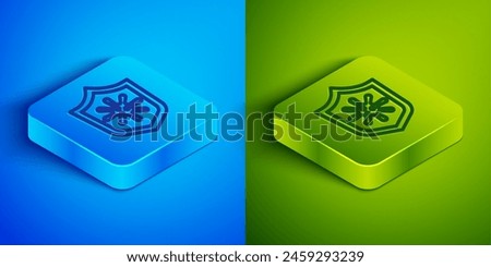 Isometric line Shield protecting from virus, germs and bacteria icon isolated on blue and green background. Immune system concept. Corona virus 2019-nCoV. Square button. Vector