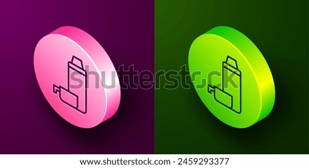 Isometric line Thermos container icon isolated on purple and green background. Thermo flask icon. Camping and hiking equipment. Circle button. Vector