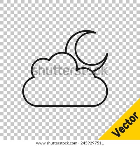 Black line Cloud with moon icon isolated on transparent background. Cloudy night sign. Sleep dreams symbol. Night or bed time sign.  Vector