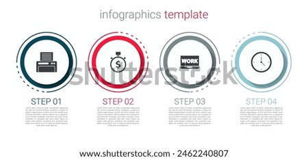 Set Printer, Time is money, Laptop with text work and Clock. Business infographic template. Vector