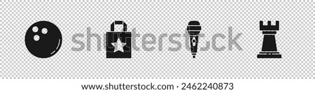 Set Bowling ball, Paper shopping bag, Microphone and Business strategy icon. Vector
