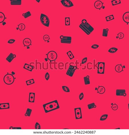 Set Stacks paper money cash, Eye with percent, Stopwatch and and Credit card remove on seamless pattern. Vector