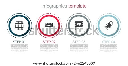 Set Wooden barrel, King crown, Viking flag and Fish. Business infographic template. Vector