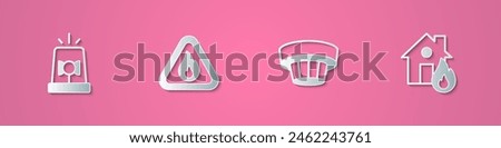 Set paper cut Flasher siren, Fire flame in triangle, Smoke alarm system and burning house icon. Paper art style. Vector