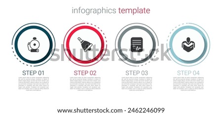Set Ringing alarm bell, , Exam sheet with A plus grade and Man reading book. Business infographic template. Vector