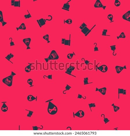 Set Location pirate, Pirate hook, coin and flag on seamless pattern. Vector