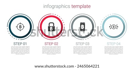 Set Bitcoin in the target, Lock with bitcoin, Mining from mobile and circuit. Business infographic template. Vector