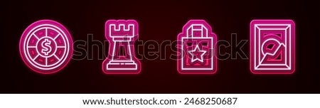 Set line Casino chips, Business strategy, Paper shopping bag and Picture landscape. Glowing neon icon. Vector