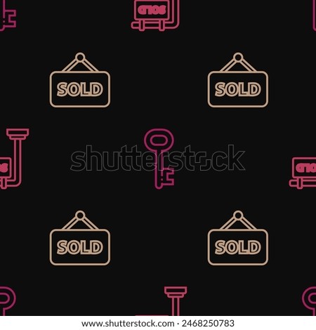 Set line Hanging sign with Sold, text and House key on seamless pattern. Vector