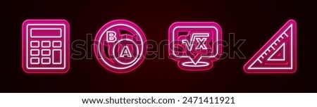 Set line Calculator, Subsets, math, is subset of b, Square root x glyph and Triangular ruler. Glowing neon icon. Vector