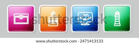 Set line Antique treasure chest, Alcohol drink Rum, Location pirate and Lighthouse. Colorful square button. Vector