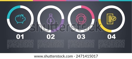 Set line Piggy bank, Money bag, Pie chart infographic and Inserting coin. Business infographic template. Vector