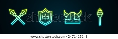 Set line Crossed medieval spears, Shield with crown, Viking in horned helmet and Torch flame. Glowing neon icon. Vector