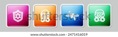 Set line Police badge, Gas mask, Barbed wire and . Colorful square button. Vector