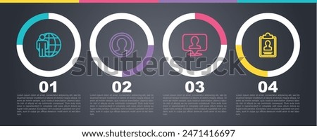 Set line Head hunting, Create account screen, Location with person and Clipboard resume. Business infographic template. Vector