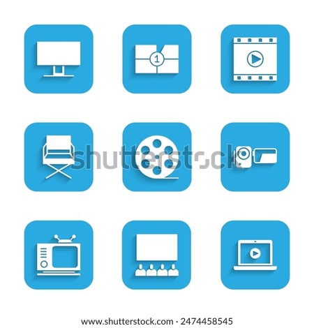 Set Film reel, Cinema auditorium with screen, Online play video, camera, Retro tv, Director movie chair, Play Video and Smart Tv icon. Vector