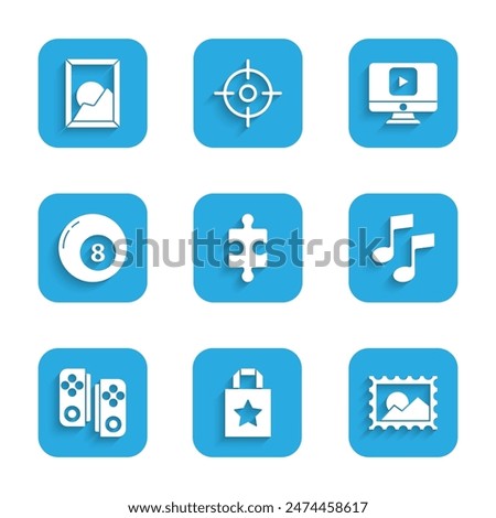 Set Piece of puzzle, Paper shopping bag, Postal stamp, Music note, tone, Gamepad, Billiard pool snooker ball, Online play video and Picture landscape icon. Vector