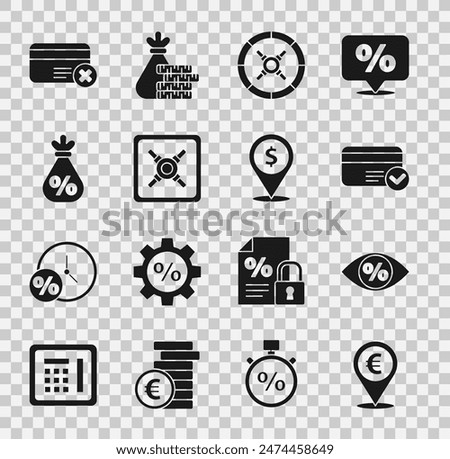 Set Cash location, Eye with percent, Credit card, Safe, Money bag, remove and  icon. Vector