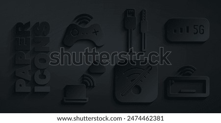 Set No Wi-Fi wireless internet, 5G, Network cloud connection, Computer keyboard, USB cable cord and Wireless gamepad icon. Vector