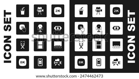 Set 2k Ultra HD, Director movie chair, Online play video, Paper glass with water, Cinema ticket, Retro cinema camera, auditorium screen and  icon. Vector