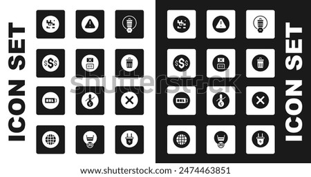 Set Trash can, Temperature wash, Dollar symbol, QR code, Exclamation mark in triangle, X Mark, Cross circle and Battery icon. Vector