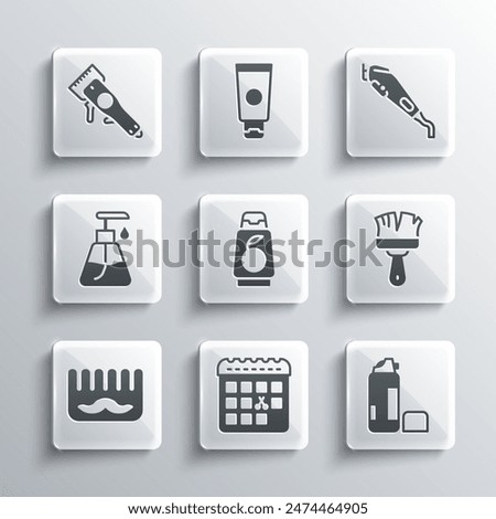 Set Calendar with haircut day, Shaving gel foam, brush, Bottle of shampoo, Hairbrush, Cream cosmetic tube, Electrical clipper and  icon. Vector