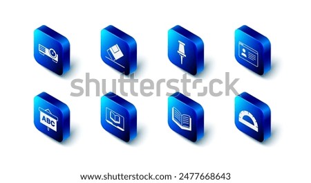 Set Eraser or rubber, Push pin, Online class, Protractor grid, Open book, Chalkboard and Movie, film, media projector icon. Vector