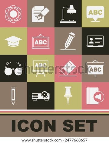 Set Audio book, Chalkboard, Online class, Table lamp, Graduation cap, Atom and Pencil with eraser icon. Vector