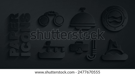 Set Diving mask and snorkel, Ship porthole with seascape, Beach pier dock, Tropical island ocean, Covered tray and Binoculars icon. Vector