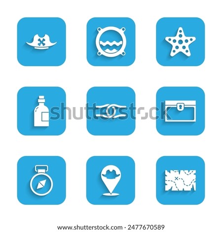 Set Rope tied in a knot, Location pirate, Pirate treasure map, Antique chest, Compass, Alcohol drink Rum, Starfish and hat icon. Vector