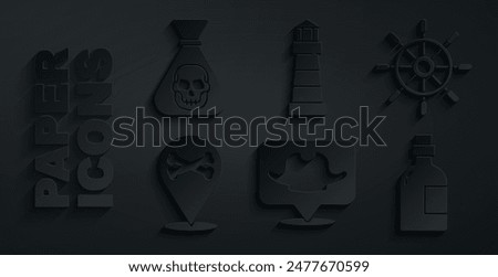 Set Location pirate, Ship steering wheel, Alcohol drink Rum, Lighthouse and Pirate coin icon. Vector