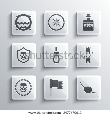 Set Pirate flag, eye patch, Decree, parchment, scroll, Gallows rope loop hanging, coin, Shield with pirate skull, Ship porthole seascape and Alcohol drink Rum icon. Vector