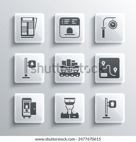 Set Train conductor, Cafe and restaurant location, Route, Cargo train wagon, Toilet the car, Road traffic signpost, News and station clock icon. Vector