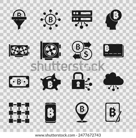 Set Mining bitcoin from tablet, Cryptocurrency cloud mining, Credit card with, Server, Video graphic, Sales funnel and exchange icon. Vector